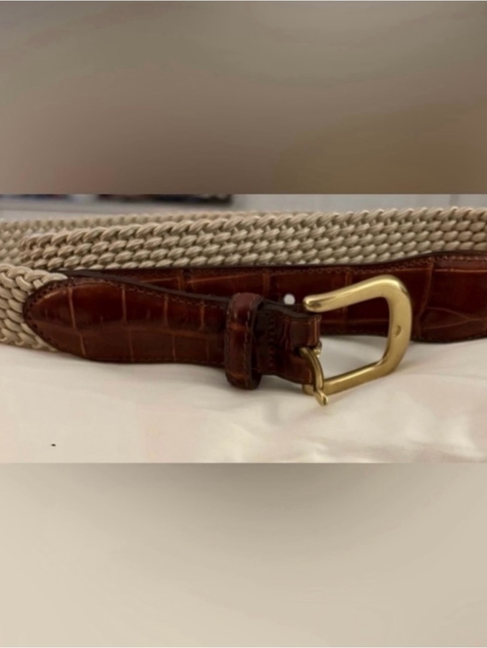 Brighton Men's Buckle Belt in beige with brown Croc Trim
Brass
 (New)